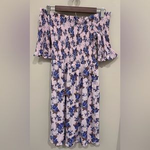 Topshop Tall Pink Blue Bardot Floral Smocked Off Shoulder Mini Dress 6